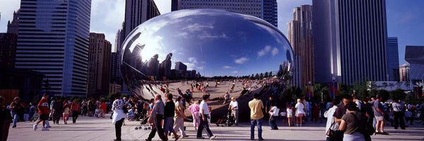 Cloud Gate (The Bean): USAIllinois, Chicago, Millennium Park, SBC Plaza, Tourists walking in the park by Panoramic Images