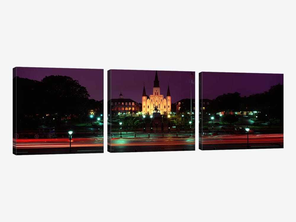 Buildings lit up at night, Jackson Square, St. Louis Cathedral, French Quarter, New Orleans, Louisiana, USA by Panoramic Images 3-piece Art Print