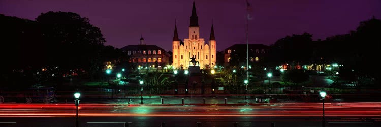 Buildings lit up at night, Jackson Square, St. Louis Cathedral, French Quarter, New Orleans, Louisiana, USA