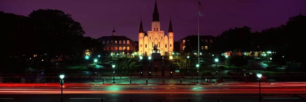 Louisiana: Buildings lit up at night, Jackson Square, St. Louis Cathedral, French Quarter, New Orleans, Louisiana, USA by Panoramic Images