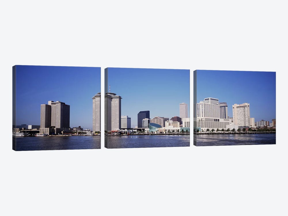 Buildings at the waterfront, Mississippi River, New Orleans, Louisiana, USA by Panoramic Images 3-piece Canvas Wall Art