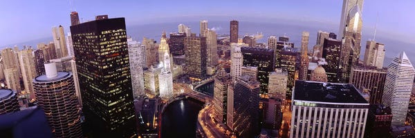 Chicago: USA, Illinois, Chicago, Chicago River, High angle view of the city by Panoramic Images