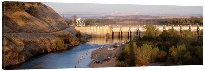 High angle view of a dam on a river, Nimbus Dam, American River, Sacramento County, California, USA Canvas Art Print - Sacramento Art