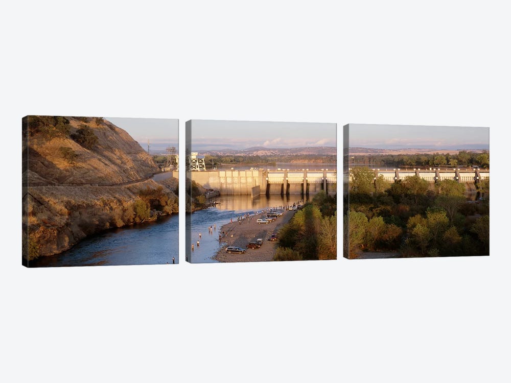 High angle view of a dam on a river, Nimbus Dam, American River, Sacramento County, California, USA by Panoramic Images 3-piece Canvas Art