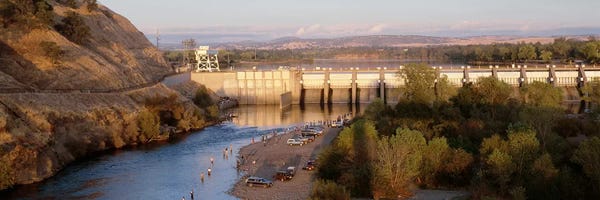 Sacramento: High angle view of a dam on a river, Nimbus Dam, American River, Sacramento County, California, USA by Panoramic Images