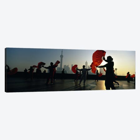 Silhouette Of A Group Of People Exercising, The Bund, Shanghai, China Canvas Print #PIM4790} by Panoramic Images Canvas Art Print
