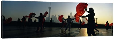 Silhouette Of A Group Of People Exercising, The Bund, Shanghai, China Canvas Art Print - Shanghai