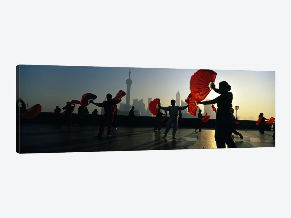 Silhouette Of A Group Of People Exercising, The Bund, Shanghai, China by Panoramic Images 1-piece Canvas Wall Art