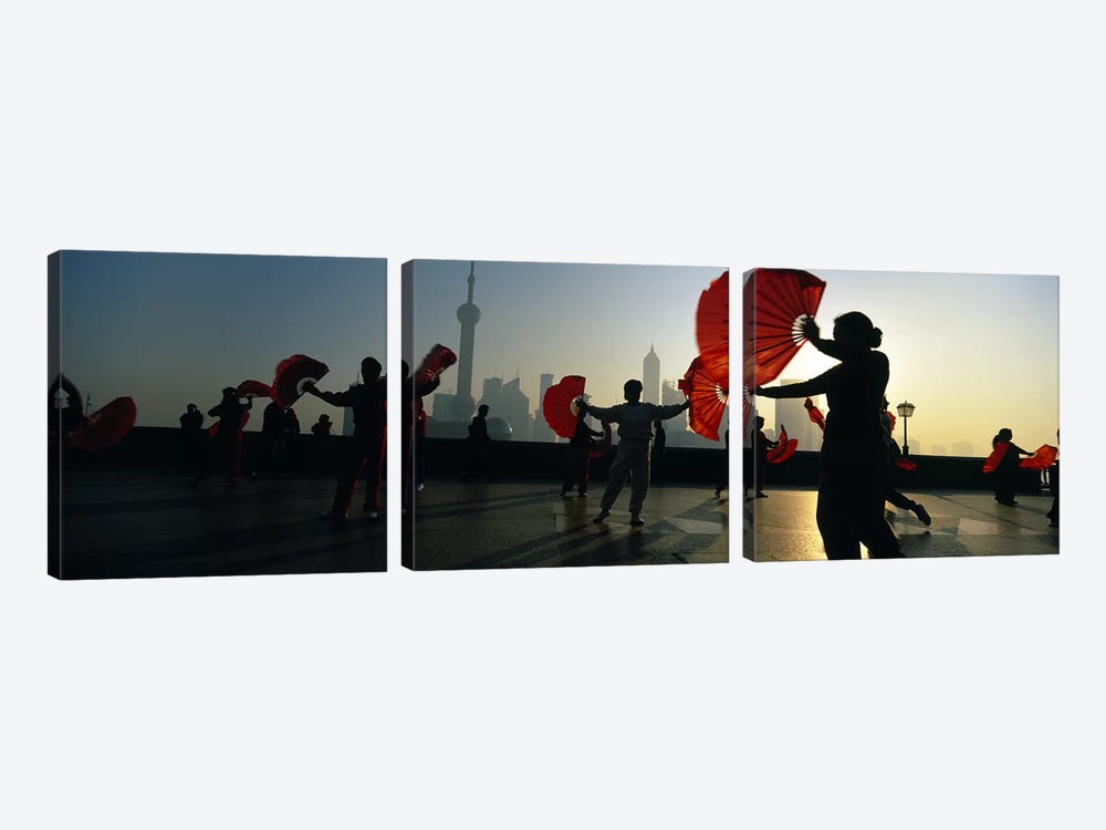 Silhouette Of A Group Of People Exercising, The Bund, Shanghai, China by Panoramic Images 3-piece Canvas Wall Art
