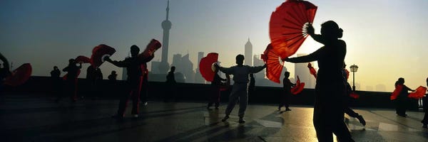 Chinese Décor: Silhouette Of A Group Of People Exercising, The Bund, Shanghai, China by Panoramic Images