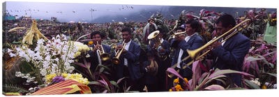 Musicians Celebrating All Saint's Day By Playing Trumpet, Zunil, Guatemala Canvas Art Print - Central America