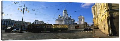 Tram Moving On A Road, Senate Square, Helsinki, Finland Canvas Art Print - Blue Domed Church Santorini