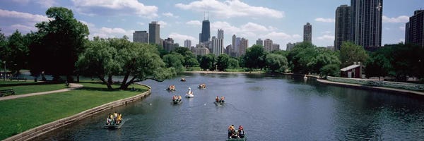 Chicago Skylines: High angle view of a group of people on a paddle boat in a lake, Lincoln Park, Chicago, Illinois, USA by Panoramic Images