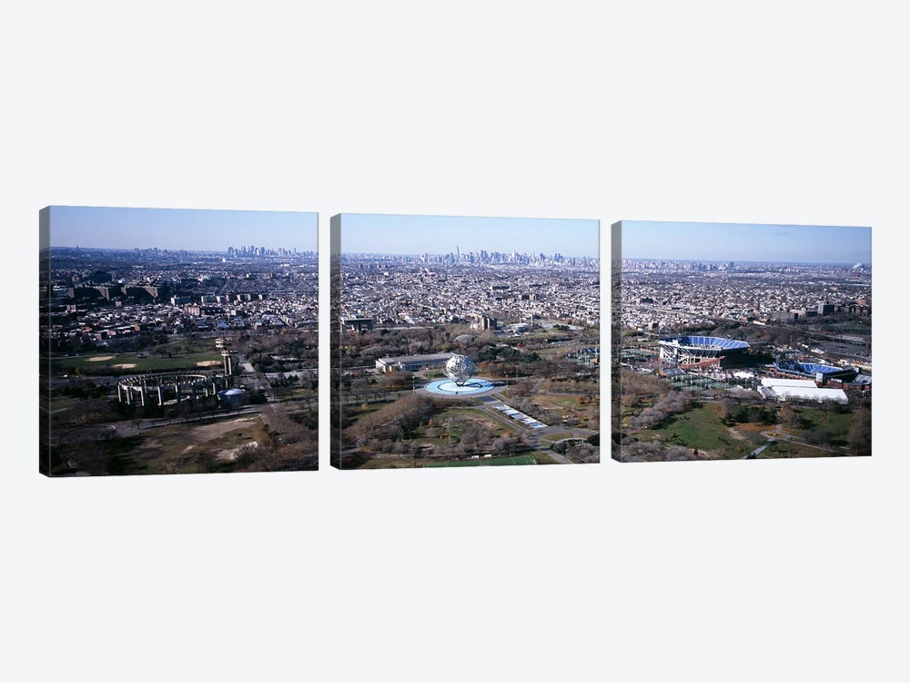 Aerial View Of World's Fair Globe, From Queens Looking Towards Manhattan, NYC, New York City, New York State, USA by Panoramic Images 3-piece Canvas Artwork