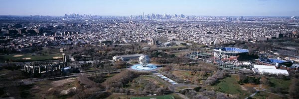 Queens: Aerial View Of World's Fair Globe, From Queens Looking Towards Manhattan, NYC, New York City, New York State, USA by Panoramic Images