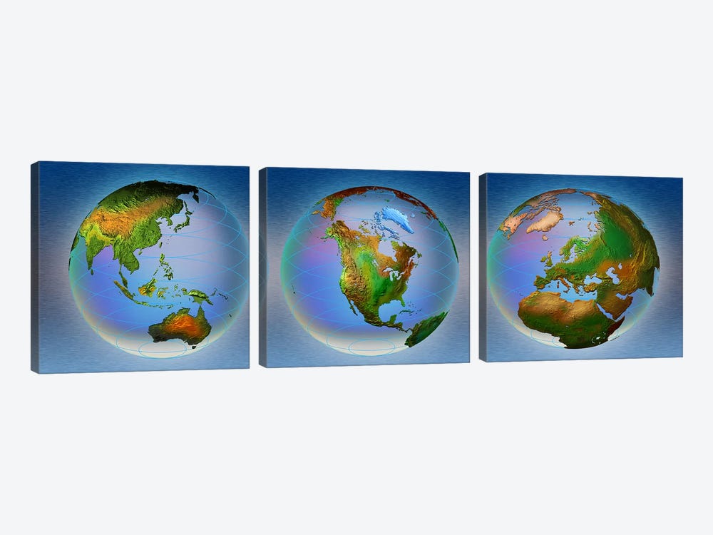 Close-up of three globes by Panoramic Images 3-piece Art Print