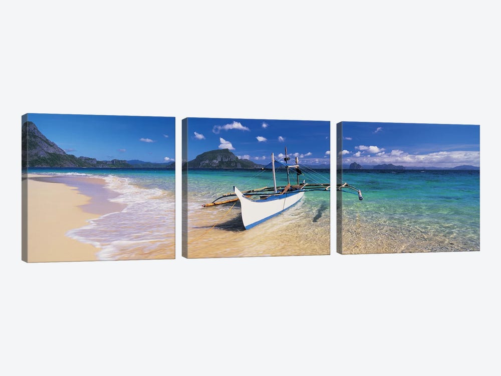 Fishing boat moored on the beach, Palawan, Philippines by Panoramic Images 3-piece Canvas Wall Art