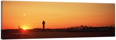 Sunset Over An AirportO'Hare International Airport, Chicago, Illinois, USA Canvas Art Print - City Sunrise & Sunset Art