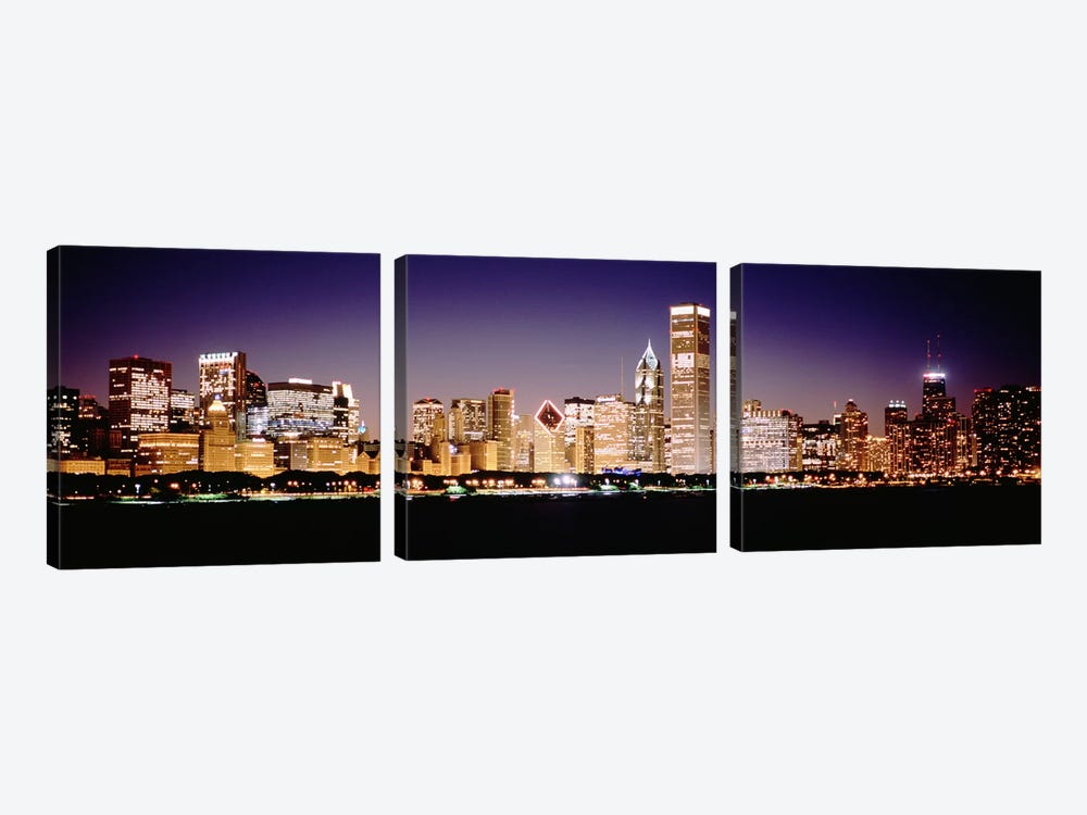 Downtown Skyline At Night, Chicago, Cook County, Illinois, USA by Panoramic Images 3-piece Canvas Art Print