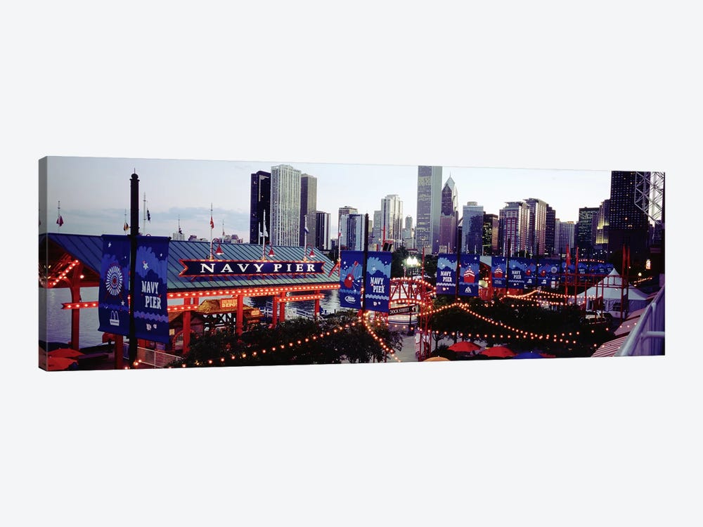 Amusement Park Lit Up At Dusk, Navy Pier, Chicago, Illinois, USA by Panoramic Images 1-piece Canvas Art Print