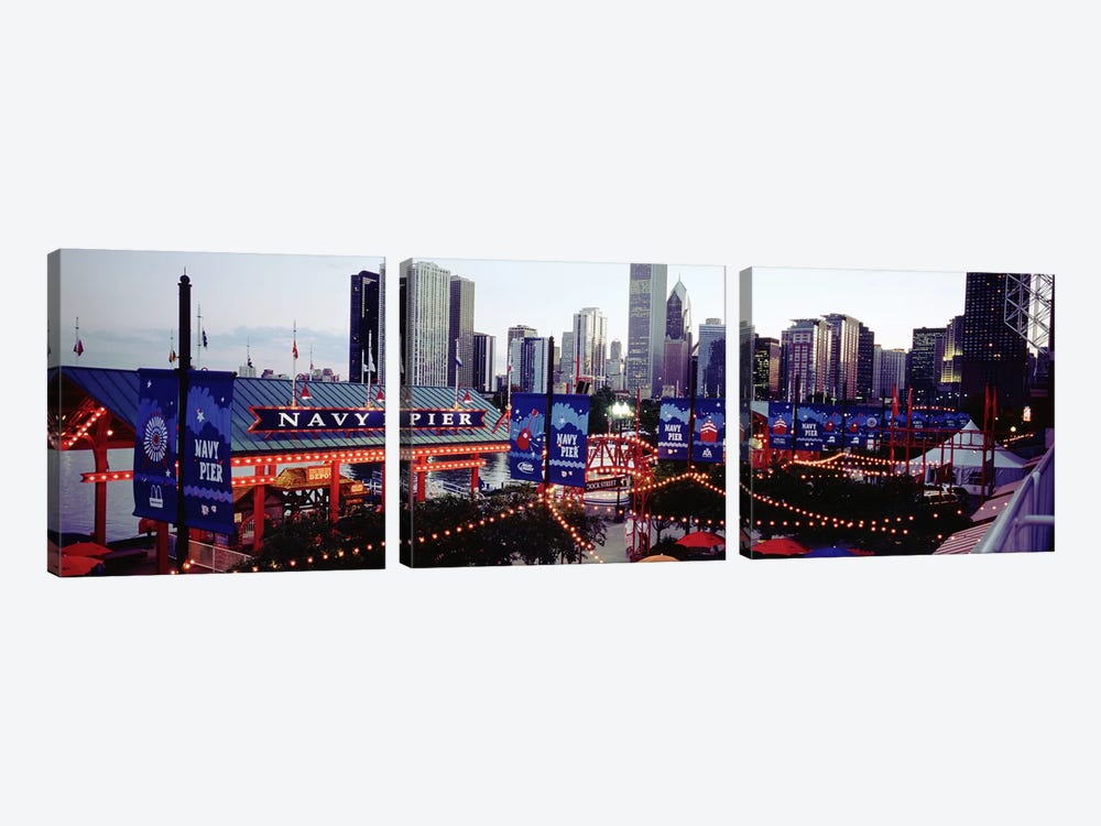 Amusement Park Lit Up At Dusk, Navy Pier, Chicago, Illinois, USA by Panoramic Images 3-piece Canvas Print