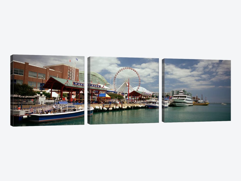 Boats moored at a harbor, Navy Pier, Chicago, Illinois, USA by Panoramic Images 3-piece Canvas Artwork