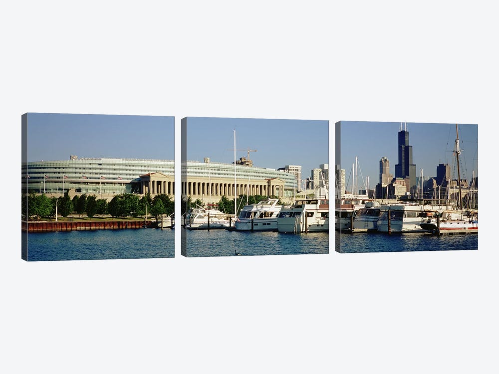 Boats Moored At A Dock, Chicago, Illinois, USA by Panoramic Images 3-piece Art Print