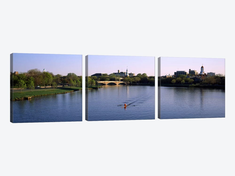 Boat in a river, Charles River, Boston & Cambridge, Massachusetts, USA by Panoramic Images 3-piece Canvas Artwork