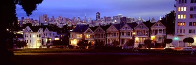 Buildings Lit Up At Dusk, Alamo Square, San Francisco, California, USA by Panoramic Images framed canvas print
