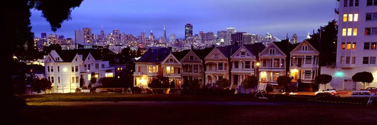 Buildings Lit Up At Dusk, Alamo Square, San Francisco, California, USA