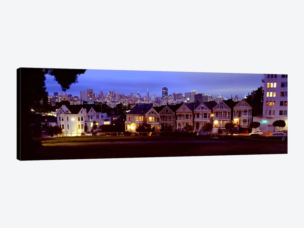 Buildings Lit Up At Dusk, Alamo Square, San Francisco, California, USA by Panoramic Images 1-piece Canvas Artwork