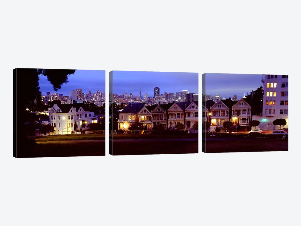 Buildings Lit Up At Dusk, Alamo Square, San Francisco, California, USA by Panoramic Images 3-piece Canvas Wall Art