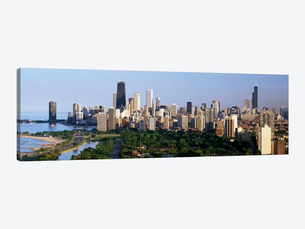 Buildings in a city, view of Hancock Building and Sears Tower, Lincoln Park, Lake Michigan, Chicago, Cook County, Illinois, USA by Panoramic Images 1-piece Canvas Print