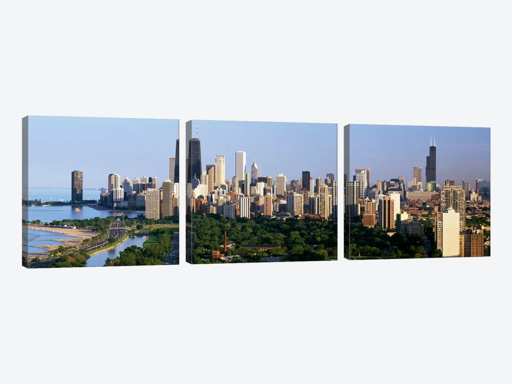 Buildings in a city, view of Hancock Building and Sears Tower, Lincoln Park, Lake Michigan, Chicago, Cook County, Illinois, USA by Panoramic Images 3-piece Art Print