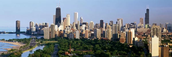 Chicago Skylines: Buildings in a city, view of Hancock Building and Sears Tower, Lincoln Park, Lake Michigan, Chicago, Cook County, Illinois, USA by Panoramic Images
