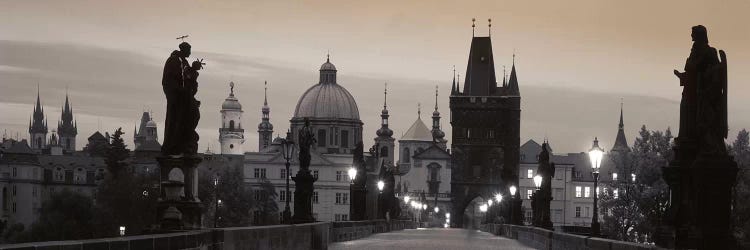 Charles Bridge And The Spires Of Old Town At Twilight In B&W, Prague, Czech Republic