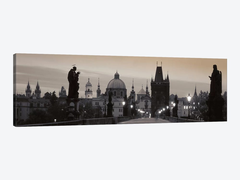 Charles Bridge And The Spires Of Old Town At Twilight In B&W, Prague, Czech Republic by Panoramic Images 1-piece Canvas Art