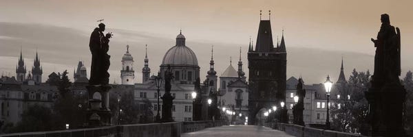 Sculptures & Statues: Charles Bridge And The Spires Of Old Town At Twilight In B&W, Prague, Czech Republic by Panoramic Images