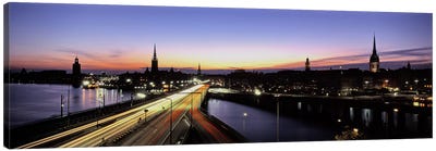 Blurred Motion View Of Nighttime Traffic On Centralbron, Stockholm, Sweden Canvas Art Print - Sweden Art