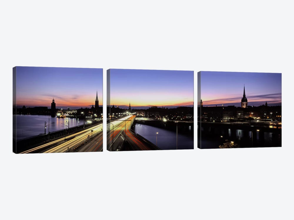 Blurred Motion View Of Nighttime Traffic On Centralbron, Stockholm, Sweden by Panoramic Images 3-piece Canvas Art