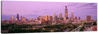View of A Cityscape At TwilightChicago, Illinois, USA Canvas Art Print - Panoramic Cityscapes