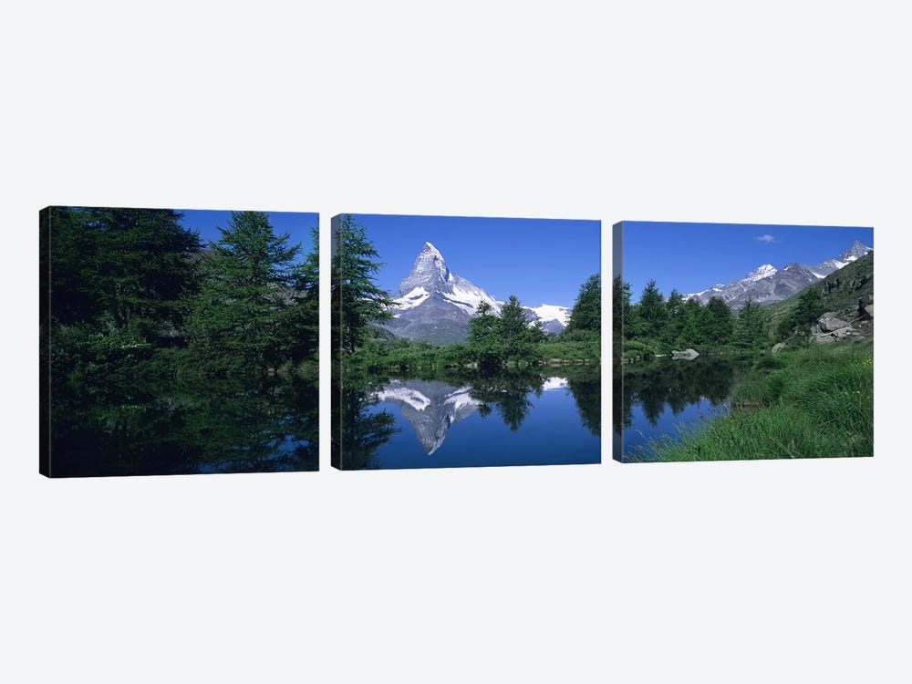 A Snow-Covered Matterhorn And Its Reflection In Grindjisee, Pennine Alps, Switzerland by Panoramic Images 3-piece Canvas Artwork