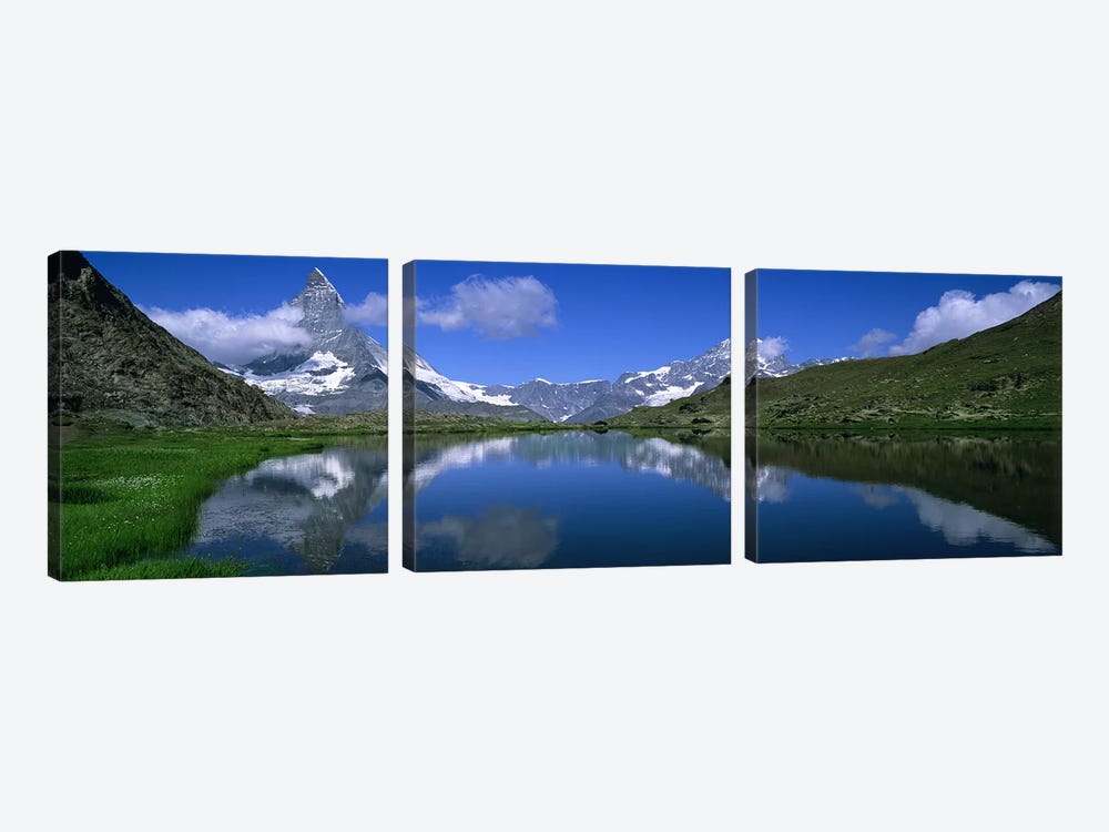 A Snow-Covered Matterhorn And Its Reflection In Riffelsee, Pennine Alps, Switzerland by Panoramic Images 3-piece Canvas Art Print