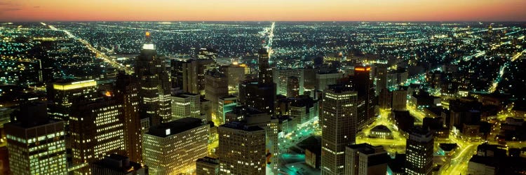 High angle view of buildings lit up at nightDetroit, Michigan, USA