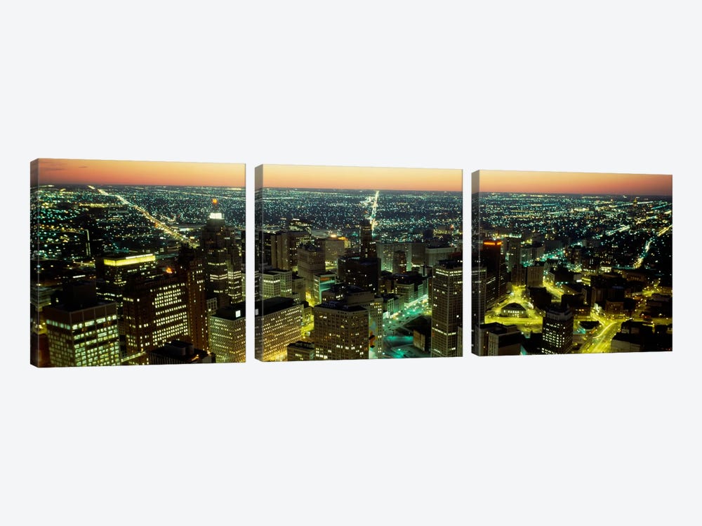High angle view of buildings lit up at nightDetroit, Michigan, USA by Panoramic Images 3-piece Canvas Print