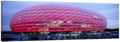 Soccer Stadium Lit Up At Dusk, Allianz Arena, Munich, Germany Canvas Art Print - Stadium Art