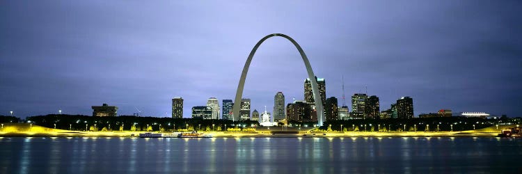 An Illuminated Downtown Skyline Behind The Gateway Arch, St. Louis, Missouri, USA