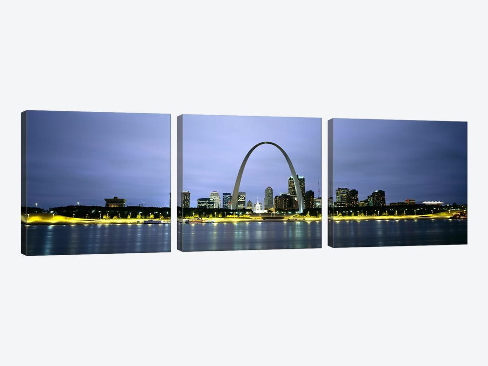 An Illuminated Downtown Skyline Behind The Gateway Arch, St. Louis, Missouri, USA by Panoramic Images 3-piece Canvas Wall Art