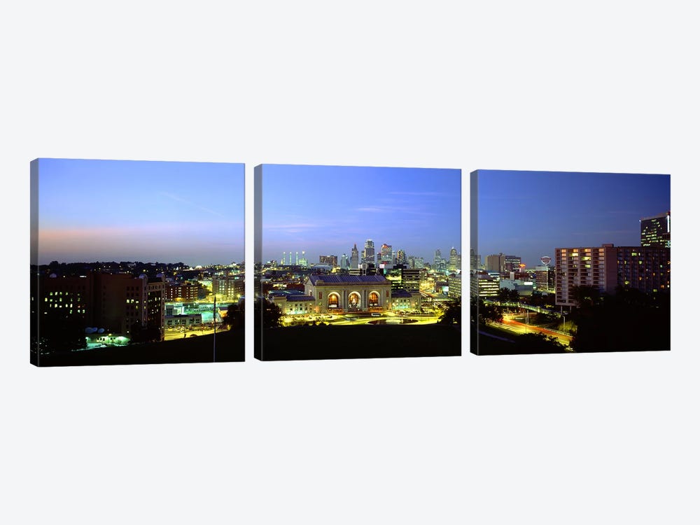 High Angle View of A City Lit Up At DuskKansas City, Missouri, USA by Panoramic Images 3-piece Canvas Wall Art