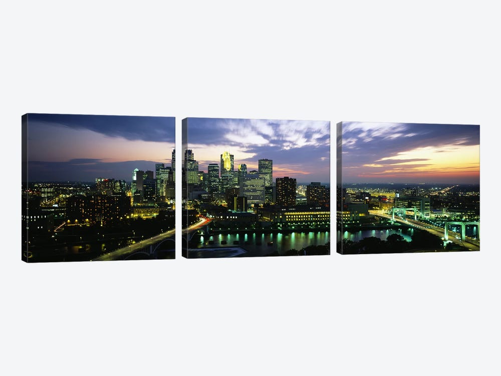 Buildings Lit Up At DuskMinneapolis, Minnesota, USA by Panoramic Images 3-piece Canvas Art Print